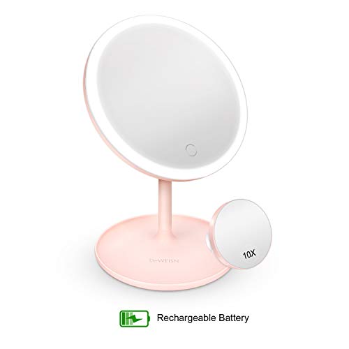 deweisn Espejo de Maquillaje con Luz, LED Espejo de Mesa con Soporte Espejo Cosmético Iluminado Interruptor de Pantalla Táctil y Carga USB Portátil Rotación de 90 °, Regalo para Mujer (Rosado)