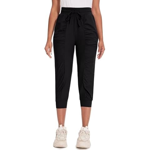 Safort Women's Joggers Capri Pants Sweatpants for Summer Lightweight Workout Casual Pants with Pleated Design, Black, XL Cover