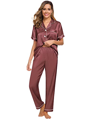Image of SWOMOG Women Satin Pajamas Set Short Sleeve Top & Pants Sleepwear Silky Button Down Nightwear 2pcs Loungewear Pjs Set Nostalgia Rose Small