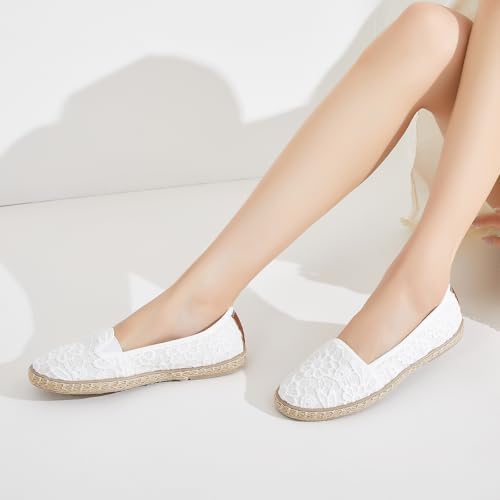 Image of BABUDOG Women's Flats with Flower Embroideried,White Lace Ballet Flats,Comfortable Dress Flats