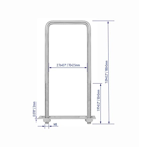 Image of 4 Sets 304 Stainless Steel Square U-Bolts 2-3 /4 inch(70mm)Inner Width, 7.09 inch(180mm)Length Stainless M8 with Nuts, Frame Plate, Accessories for Automobiles Trailer, Boat Trailer Industrial Parts