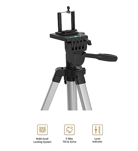 Image of Amazon Basics Aluminium Professional Sturdy Tripod with Mobile Phone Holder Mount, 3-Way Head, Accessory Hook, and Carry Bag for All Smart Phones, GoPro, Cameras (35-125 cm)
