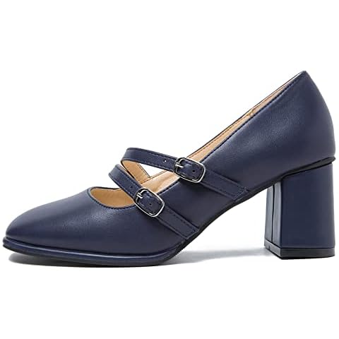 Women's Mary Jane Instep Straps Pumps Block Heel Square Toe Dress Shoes, Matte Navy, 4 UK Cover