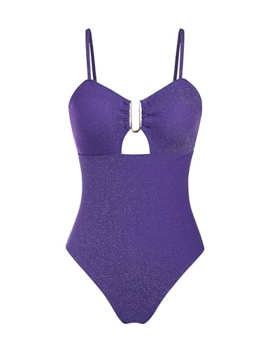 ZAFUL Womens Cut Out One Piece Bathing Suit Shiny 1 Piece Swimsuit Sparkle Cheeky High Leg Metal Ring Swimwear Purple XS