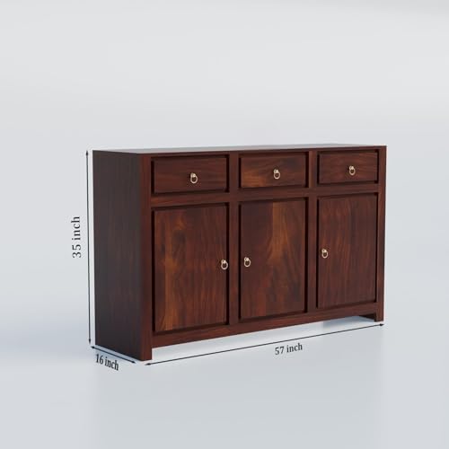 Image of Solid Sheesham Wood Sideboard Cabinet Storage with 3 Door & 3 Drawer Wooden Storage Organizer Cabinet for Home Kitchen Living Room Bedroom Hallway Dinning | Walnut Finish | Pre-Assembled
