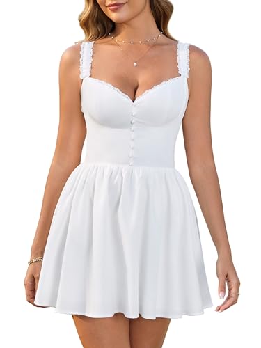 Image of Parthea Women's Summer Cute Corset Mini Dress Lace Spaghetti Strap Sweetheart Flowy A-line Gingham Short Dresses