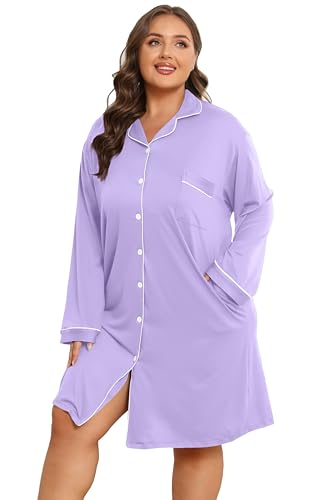Image of Vozanet Women Button Down Nightgown Plus Size Nursing Nightshirt Long Sleeve Nighty Bridal Dress with Pockets XL-5XL