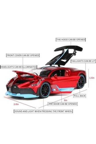 Image of DREAMY DEN Bugatti 1:32 Die-Cast Pull Back Toy Car with Lights & Sound, Alloy Metal Body, Openable Doors - Red Miniature Car for Kids & Collectors (RED)