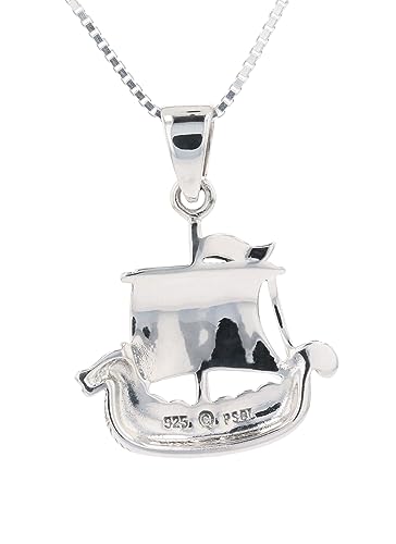 Norse Viking Ship Sterling Silver Pendant Necklace with Red Striped Sail 18"4