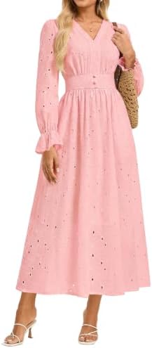 GRACE KARIN Womens Long Sleeve Maxi Dress 2026 V Neck Eyelet Casu...