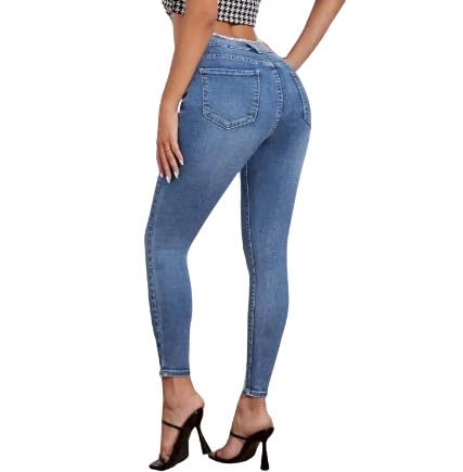 High-Waisted Ripped Raw Cut Skinny Jeans with Zipper Fly, Light & Medium Wash, Cropped Denim with Stretch2