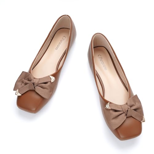 C.Paravano Women's Flats with Metallic Bow | Casual Square Toe Ballet Flats | Comfortable Slip On Brown Flat Shoes | Women Dressy Shoes for Walking Wedding Work Office (Size 6,Chocolate)