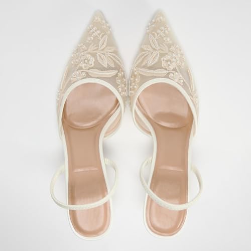 Women's Embroidered Mesh Slingback Shoes Thin Heels Pointed Toe Elastic Heel Strap Party Dress Shoes for Women4