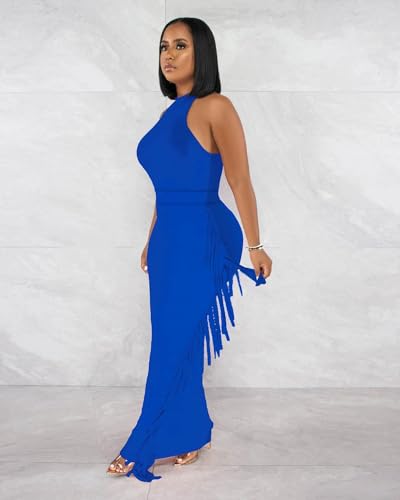 Image of 2 Piece Outfits for Women Sexy Halter Neck Sleeveless Crop Tops Ruched Bodycon Dresses Jumpsuits Fringe Skirt Sets