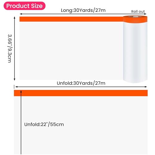 Image of TAPEBEAR Pre-Taped Masking Film, 22 inch x 30Yards x 3Roll Plastic Sheeting Cover for Painting, Tape and Drape, Painters Masking Tape Film Plastic Drop Cloths for Auto, Appliance and Furniture