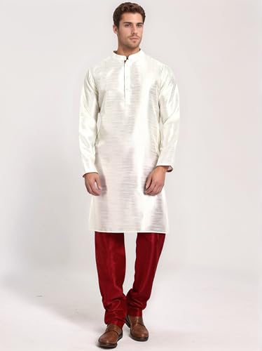 Image of SKAVIJ Men's Dupion Silk Regular Kurta Pajama Set Off-White S