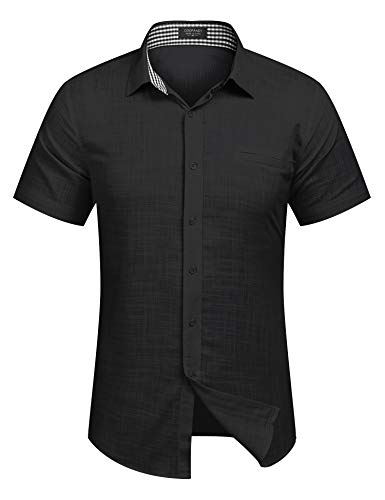 COOFANDY Men s Regular-Fit Short-Sleeve Solid Linen Cotton Shirt Casual Button Down Beach Shirt Black