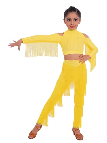 Costume de danse latine Sywiyi pour filles avec crop top jaune et strass 7-8 ans