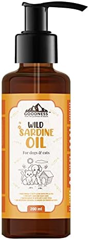 Goodness Wild Sardine Oil - Natural Omega 3 Dog Supplement for Soft Skin & Shiny Coat - Recommended for Puppy, Adult of All Breed Dogs and Cats/Kittens (200 ml)