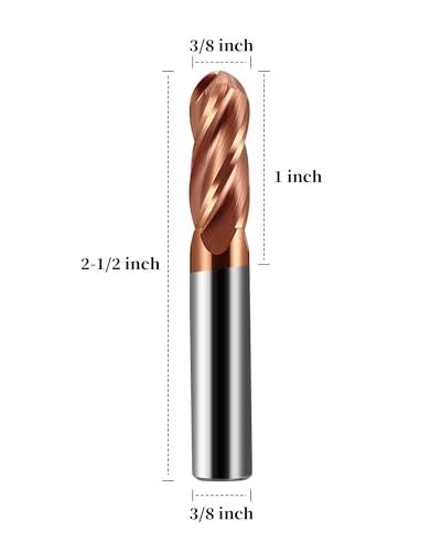 Image of 3 /8 inch Carbide Ball Nose End Mills, TISIN Coated, 4 Flute, End Mill Bits for Alloy Steels and Hardened Steels, 3 /8 inch Cutting Diameter