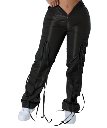 xxxiticat Women's Zipper Front Cargo Pants Mid Rise Drawstring Lace Up Bandage Criss Cross Cutout Low V-Style Trousers