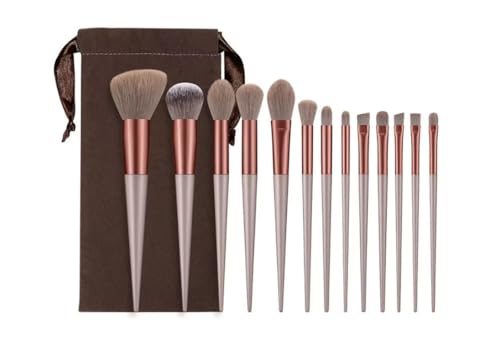 Kit Pincéis de Maquiagem 13 Peças Profissional com Estojo Jogo Completo para Base, Pó, Blush, Iluminador, Contorno e Sombra Cerdas Sintéticas Ultra Macias Acessórios Beauty Feminino Premium para Viagem, Necessaire, Uso Diário e Presente (MARROM)
