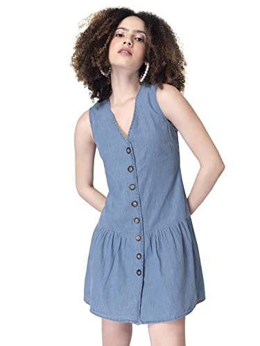 Image of FabAlley Women's Denim Blue Sleeveless Button Down Dress Mini
