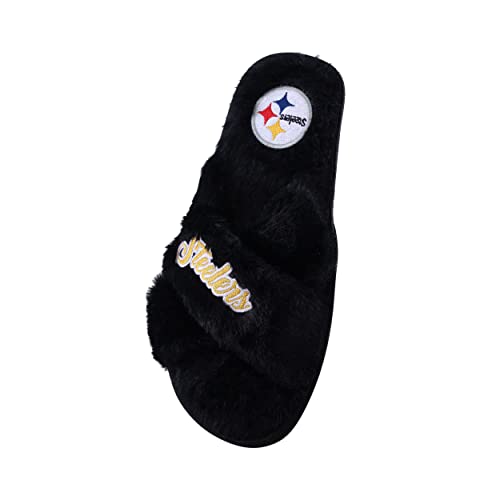 Image of FOCO Womens NFL Team Script Wordmark Fuzzy Cross Slide Slippers