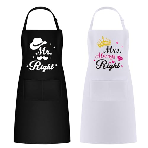 Pwsap Mr Right Mrs Always Right Aprons Set, Wedding Engagement Anniversary Bridal Shower gifts for Couples Husband Wife, His and Her Gifts, Funny Kitchen Gifts Cooking Bibs for Newlyweds