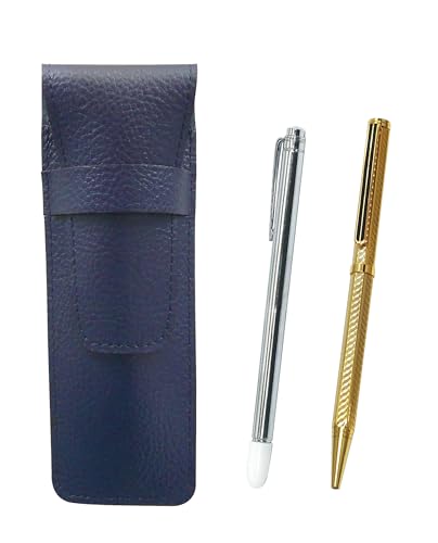 シボ革ペンケース青 金属製指示棒と真鍮六角回転ホリ金ボールペンセット 金 SASL-701S-6KSBP-K