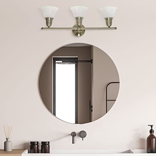 Image of Simple Designs VT1027-ABS 26.5 inch Classic 3 Light Straight Metal Bar & Frosted Marble White Bell Shape Glass Shades Decorative Wall Mounted Vanity Fixture for Bathroom, Entryway, Hallway, Antique Brass