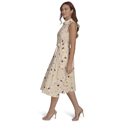 Image of Tommy Hilfiger Women's Sleeveless Collared Button Front Tie Waist Midi Shirt Dress