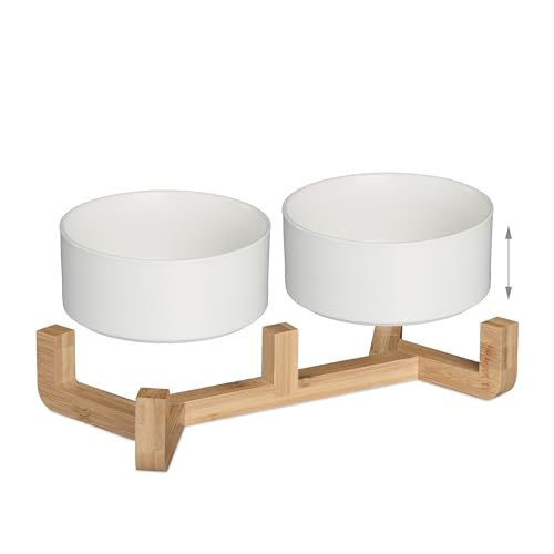 Relaxdays Hunde Napfbar Keramik, 850 ml, Futter & Wasser, Futternapf mit Bambus-Gestell, HxBxT: 9 x 32 x 17 cm, weiß