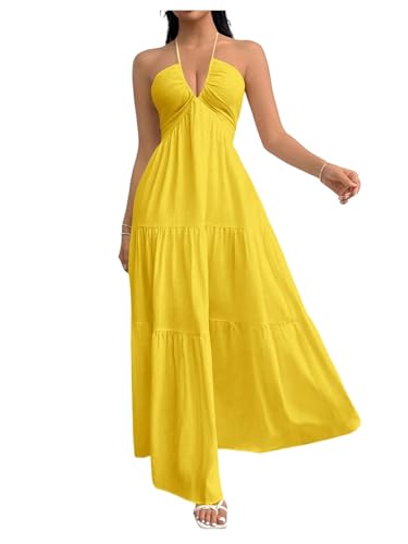 Image of SHENHE Women's Deep V Neck Tie Knot Backless Halter Dress A Line Flowy Ruffle Maxi Dress