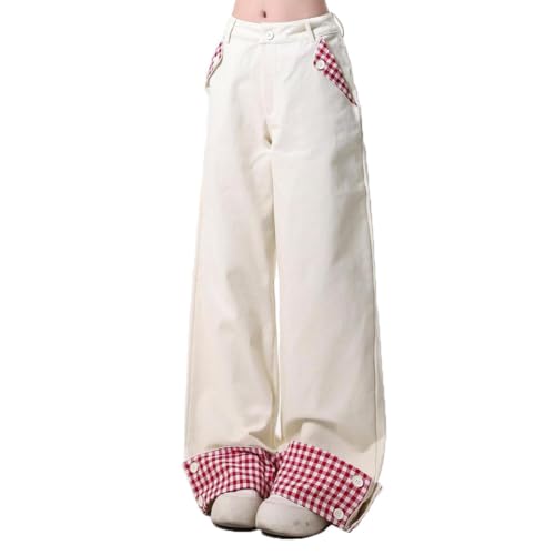 LAFOURAM Petite Jeans for Women 5 FT Short Wide Leg Baggy Trending Coquette Plaid Patchwork Denim Pants