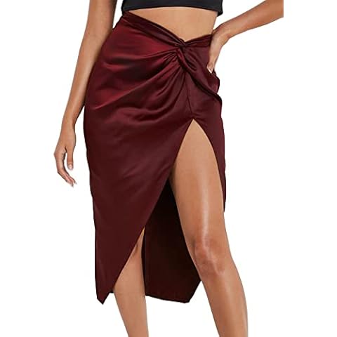 Umenlele Women's Elegant Satin Silky High Waist Ruched Twist Front Side Thigh Split Midi Skirt, Burgundy, Small Cover