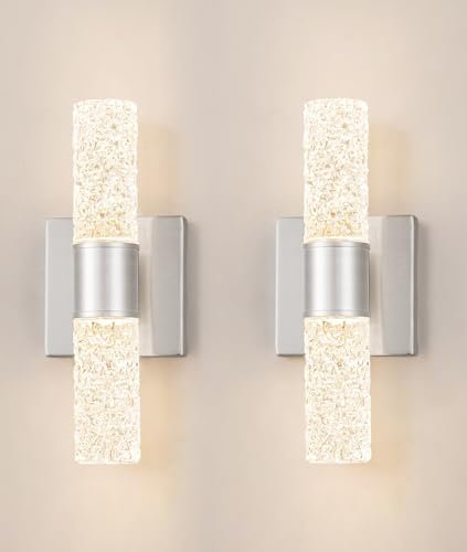 Image of Brushed Nickel Wall Sconces Set of 2, LED Bathroom Vanity Light Fixtures, Hardwired Crystal Sconces Wall Lighting Over Mirror, LED Wall Mount Lights for Bedroom Hallway Indoor, 10W