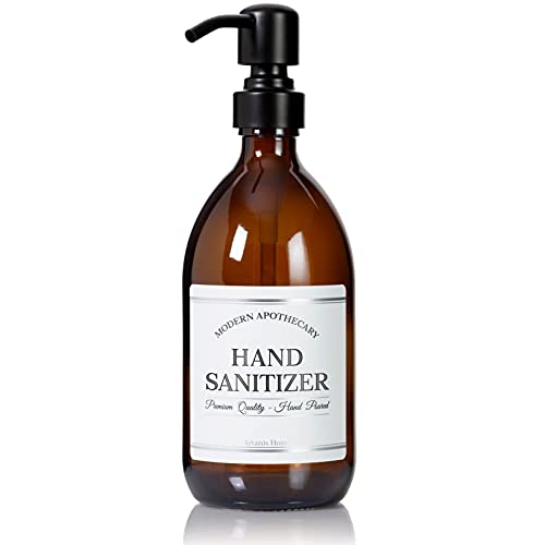Artanis Home Refillable Amber Glass Hand Sanitizer Dispenser 16 oz – Chrome Accent Waterproof Labeled Apothecary Bottle with Black Satin Pump