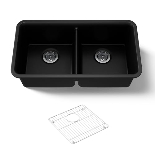 KOHLER K-8199-CM1 Cairn Under-Mount Double-Equal Kitchen Sink with Basin Rack, 33-1/2" x 18-5/16" x 9-1/2", Matte Black
