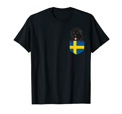 Sweden Flag Bouvier des Flandres Dog In Pocket T-Shirt, Black