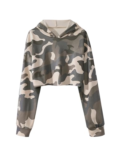 Remidoo Women's Camo Hoodie Cropped Sweatshirt Casual Long Sleeve Crop Top Sweater Green Medium