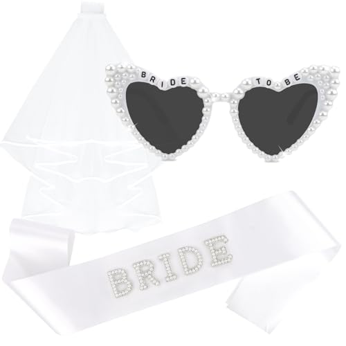 KICOSY Pearl BRIDE TO BE Heart Sunglasses Bridal Veil & Sash Set - Wedding Bridal Shower & Bachelorette Party Favors
