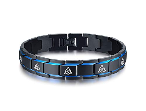 MEALGUET 2-Tone Black and Blue Stainless Steel Celtic Knot Engraved Triquetra Knot Symbol Link Bracelet Wristband for Men, 8.2