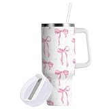 40 oz Tumbler with Straw & Handle - 2 in 1 Lids Leak Proof Tumblers - Large Insulated Stainless Steel Cup - BPA-Free Water Bottle Travel Metal Mug for Women Man,Coquette Preppy Pink Bow Cute Bowknot