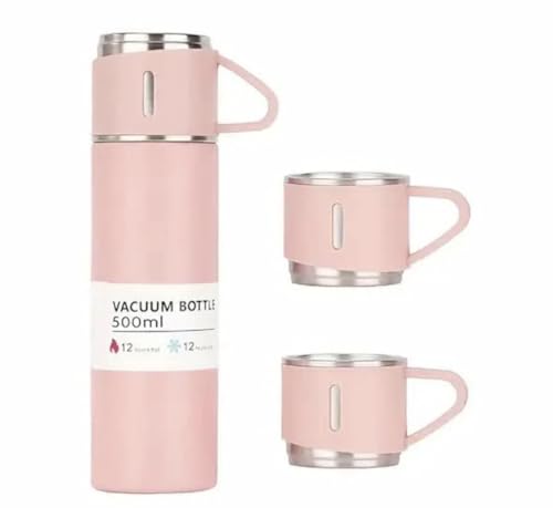 Image of Thermo Flask Vacuum Flask Set, Stainless Steel, 500ml, Insulated Double Wall, Hot and Cold Bottle with 3 Cups