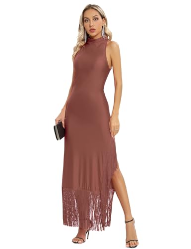 Image of Aigeman Women Vintage Flapper Dresses 1920s Great Gatsby Halter Fringed Maxi Dress Tassels High Split Formal Dress 19