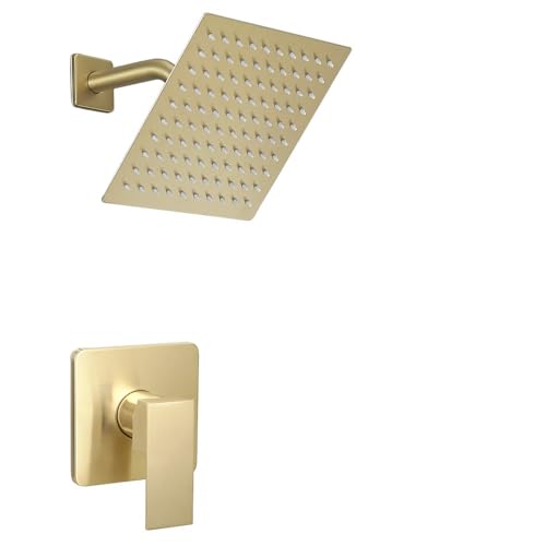 Juego de grifo para ducha en acabado dorado cepillado, sistema de ducha con cabezal lluvia de 8 pulgadas y manija única, kit completo con válvula empotrada miniatura 1