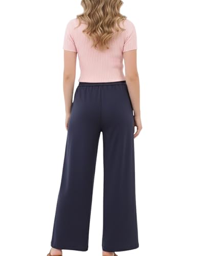 Aphratti Wide Leg Pants for Women Flowy Drawstring Elastic Waist Summer Pants Navy X-Small — view 2