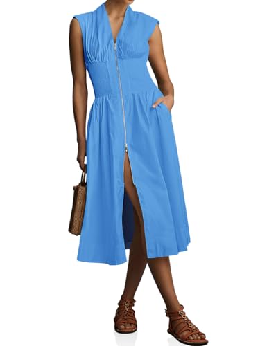 Image of Wenrine Womens Smocked Midi Dress Zipper V Neck Long Summer Dresses | zip front, empire waist, cap sleeve, flowy, a line, high slit, casual midi dress