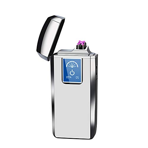 Lighters Dual Arc Lighter Windproof Plasma Lighter USB Rechargeable Lighters Flameless Electronic Lighter with LED Display for Cigarettes Candles Fireworks (Silver) - Thumbnail 3